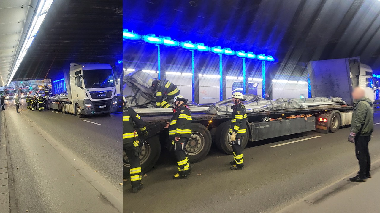 Polizei und Feuerwehr versuchen den LKW zu bergen